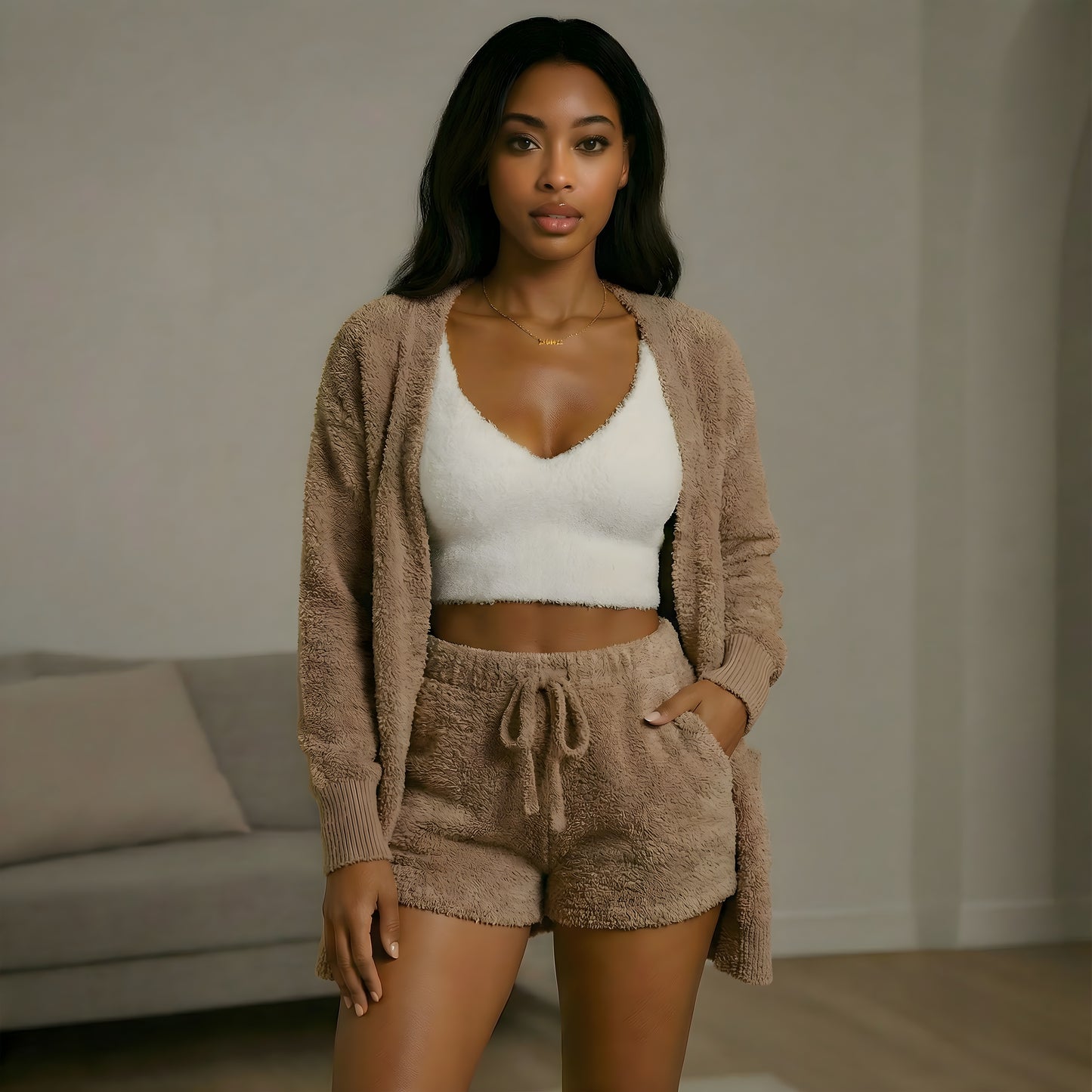 Vantasia Soft Lounge Set | Dreiteiliges Plüsch-Set aus Shorts, Top und Jäckchen