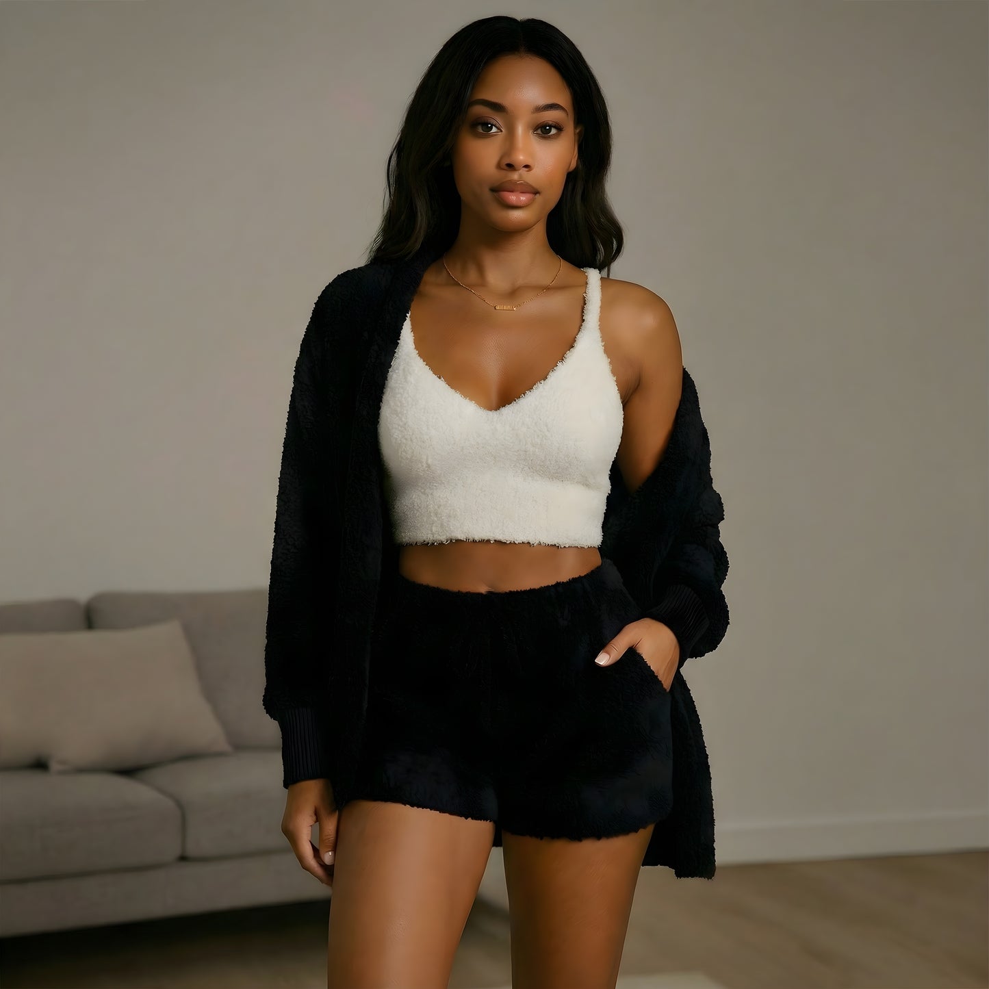 Vantasia Soft Lounge Set | Dreiteiliges Plüsch-Set aus Shorts, Top und Jäckchen