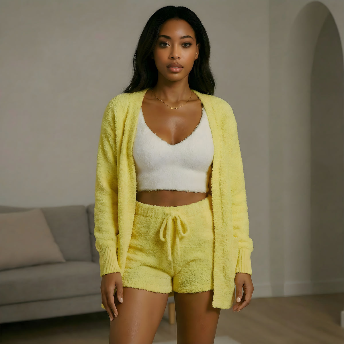 Vantasia Soft Lounge Set | Dreiteiliges Plüsch-Set aus Shorts, Top und Jäckchen