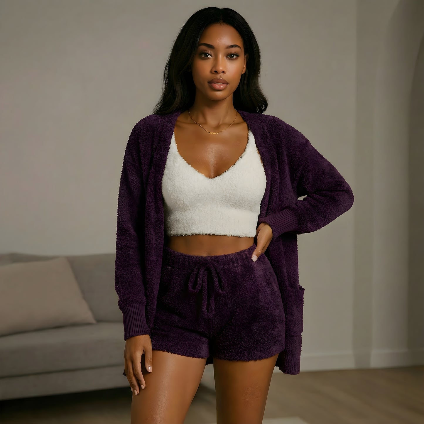 Vantasia Soft Lounge Set | Dreiteiliges Plüsch-Set aus Shorts, Top und Jäckchen