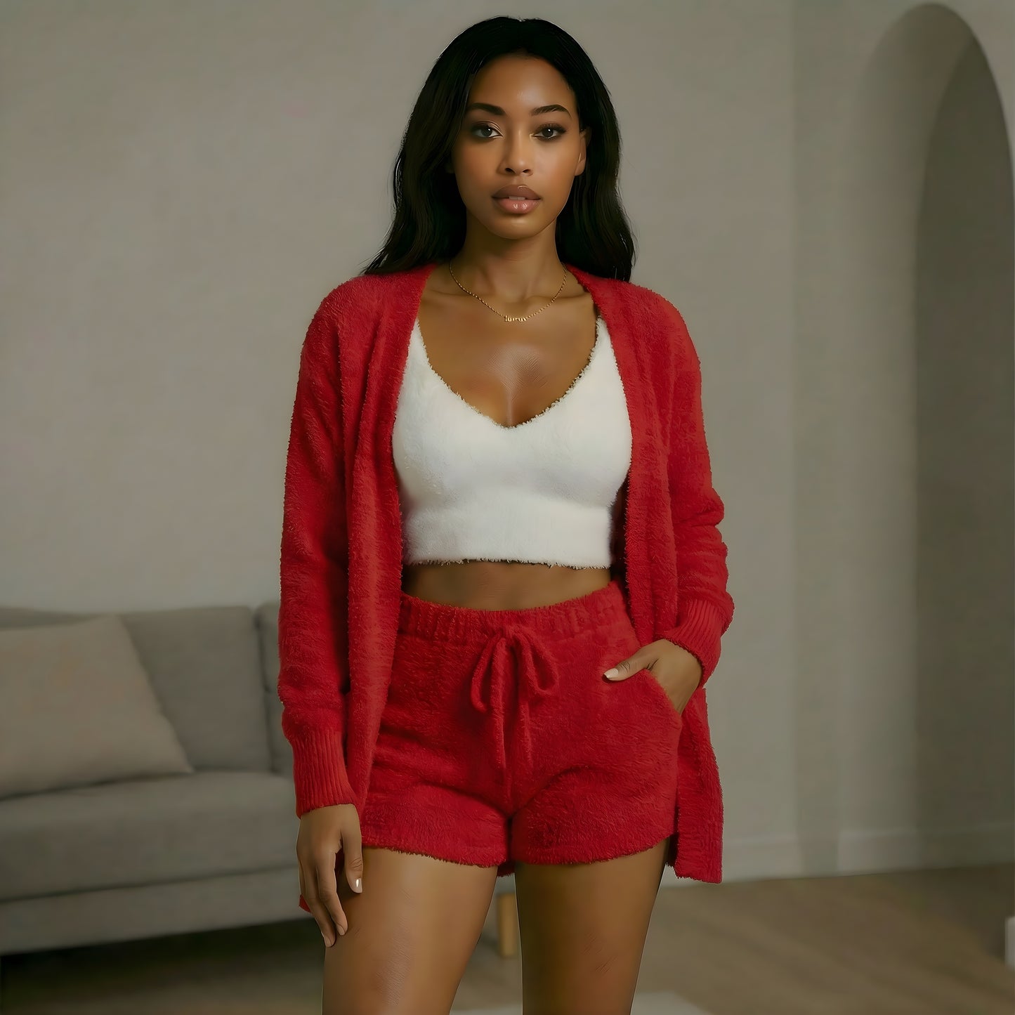 Vantasia Soft Lounge Set | Dreiteiliges Plüsch-Set aus Shorts, Top und Jäckchen