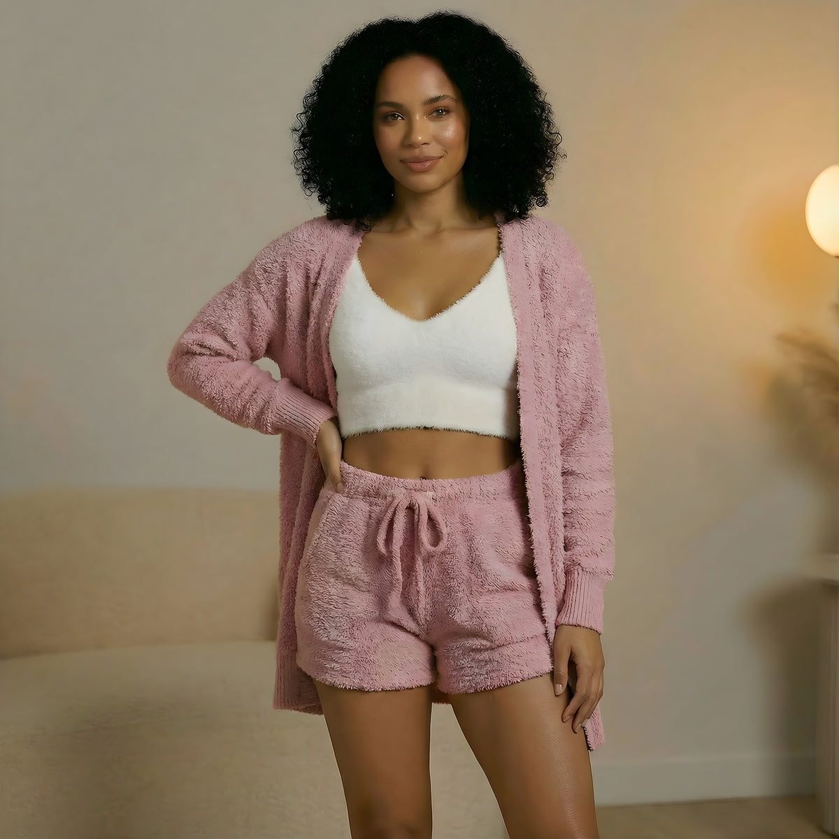 Vantasia Soft Lounge Set | Dreiteiliges Plüsch-Set aus Shorts, Top und Jäckchen